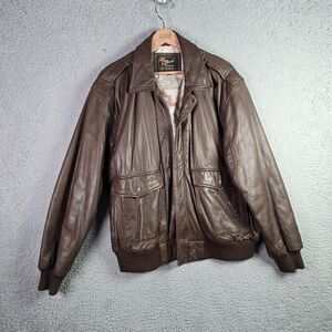 Reed Sportswear Men Leather Coat R46 XL Brown Bomber Map Lining Deep Pockets Y2K